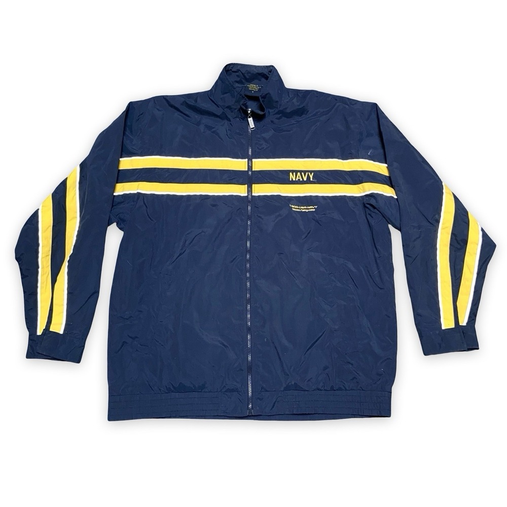 US Navy Full Zip Windbreaker Jacket Mens M Blue Yellow Spellout